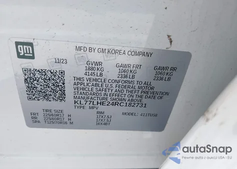 2024 Chevrolet Trax Fwd Lt из США, поврежденный, VIN KL77LHE24RC182731